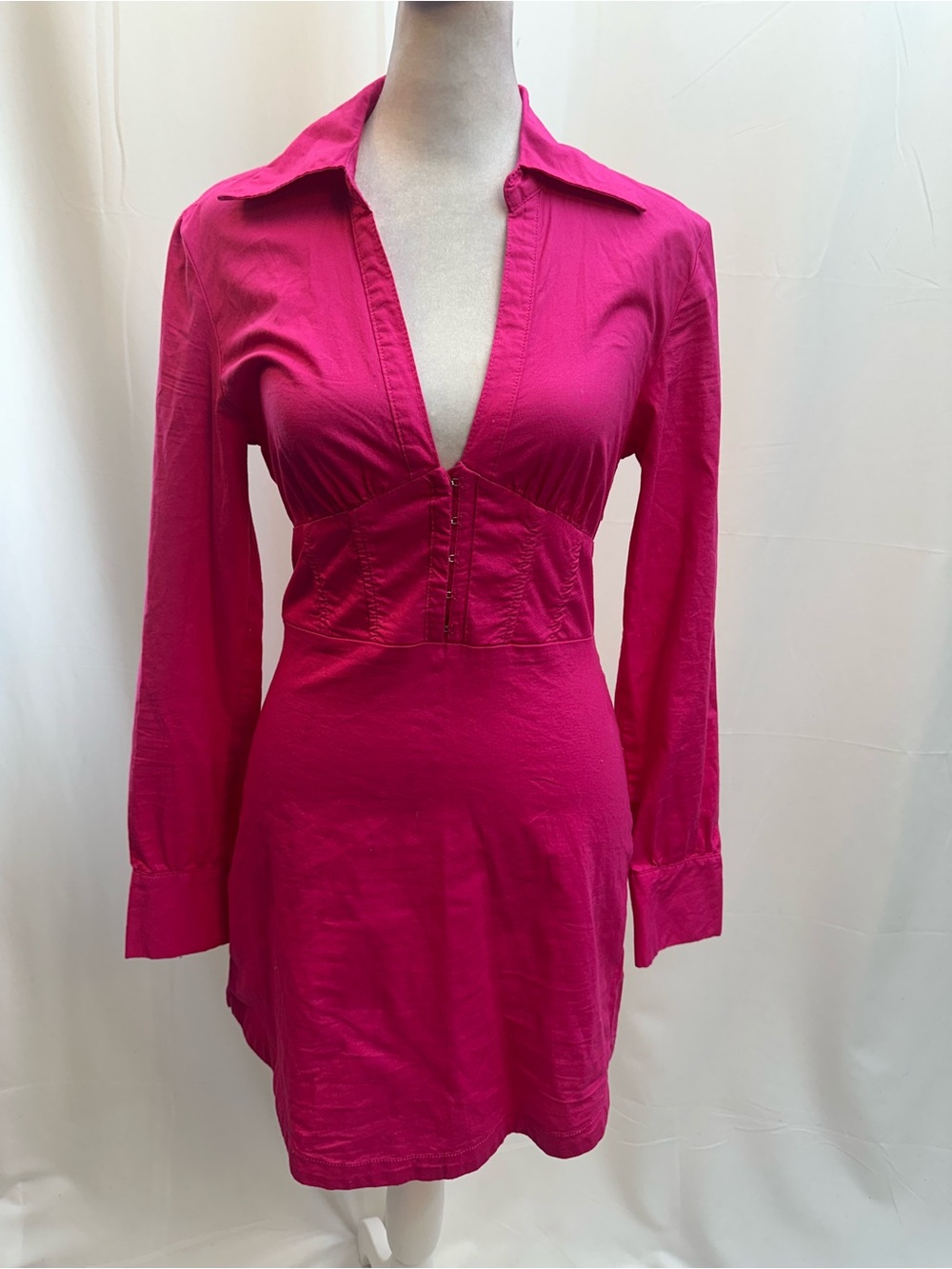 Urban Outfitters Bright Fuchsia Long-Sleeve V-Neck Mini Dress XS